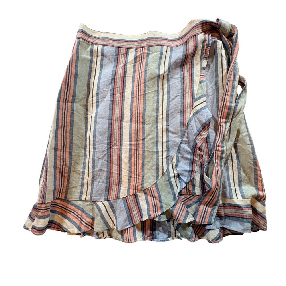 LOFT Striped Linen Blend‎ Ruffle Wrap Skirt Womens Size 8 Blue Orange Casual
